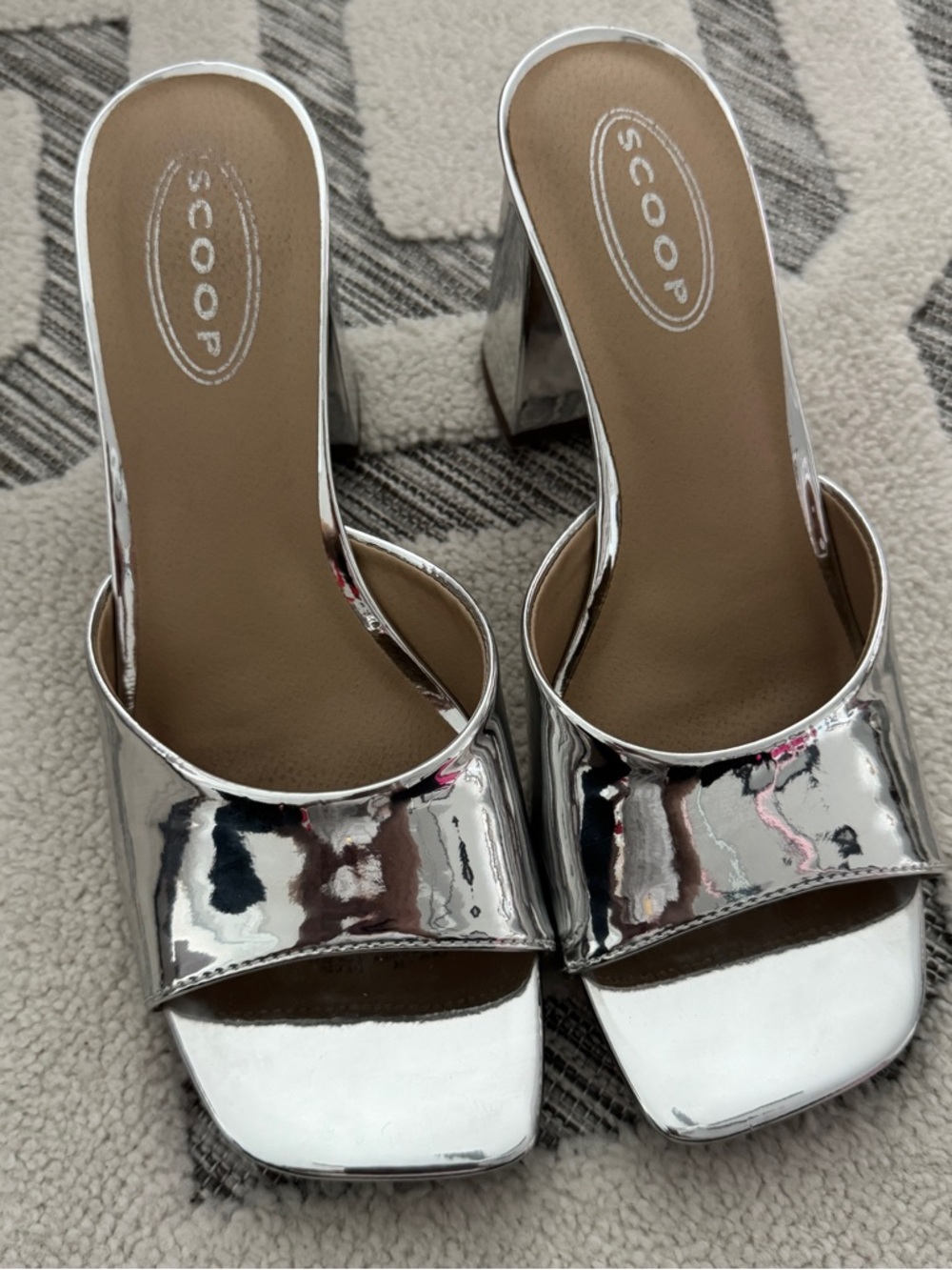 Metallic silver block heel sandals